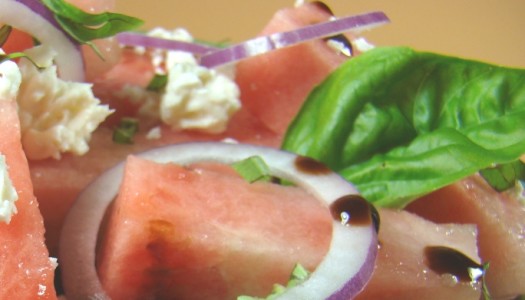 Watermelon, Feta, Red Onion and Basil Salad with Balsamic Glaze