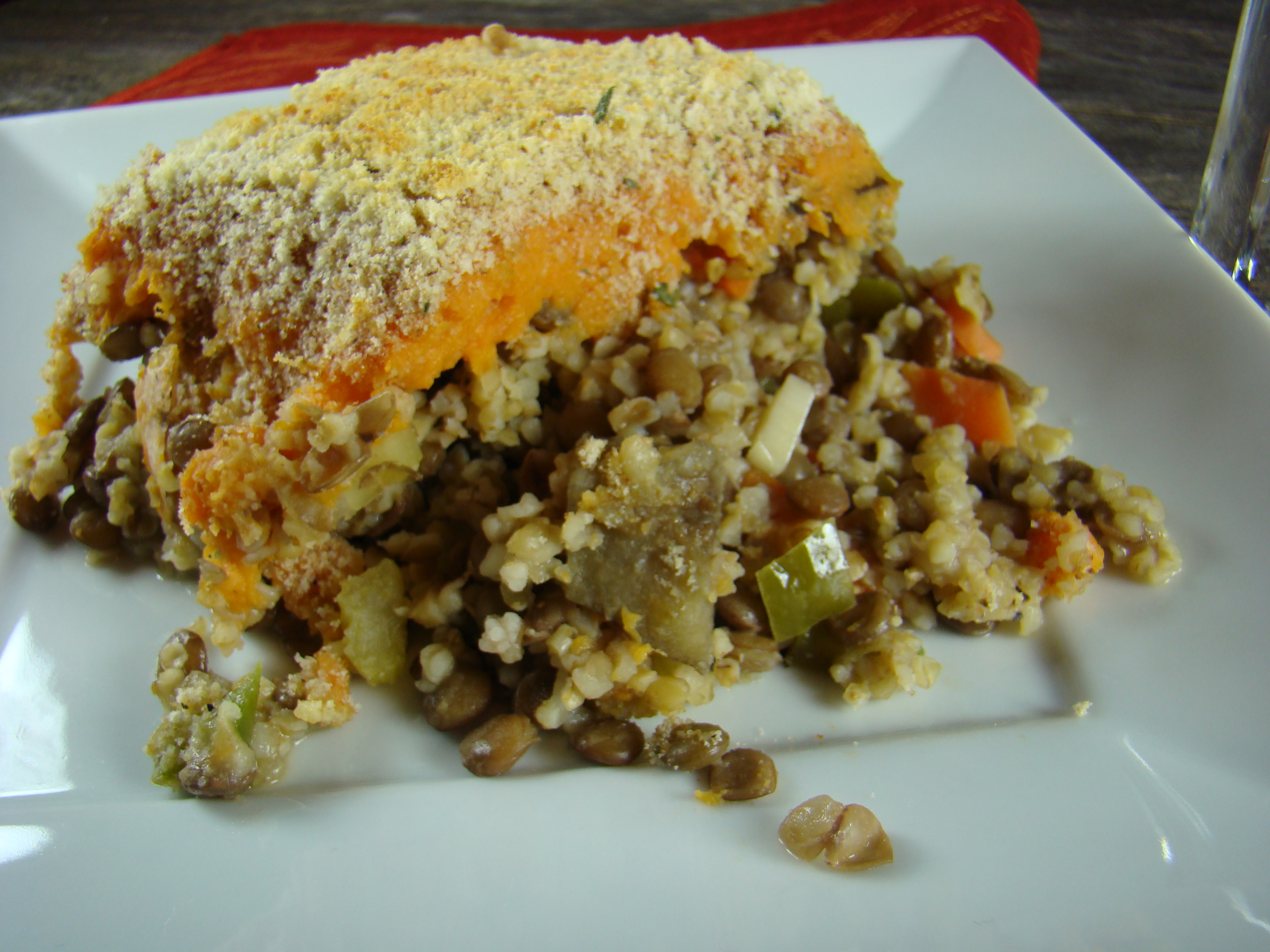 Bulgar Lentil Pie with Sweet Potato Crust