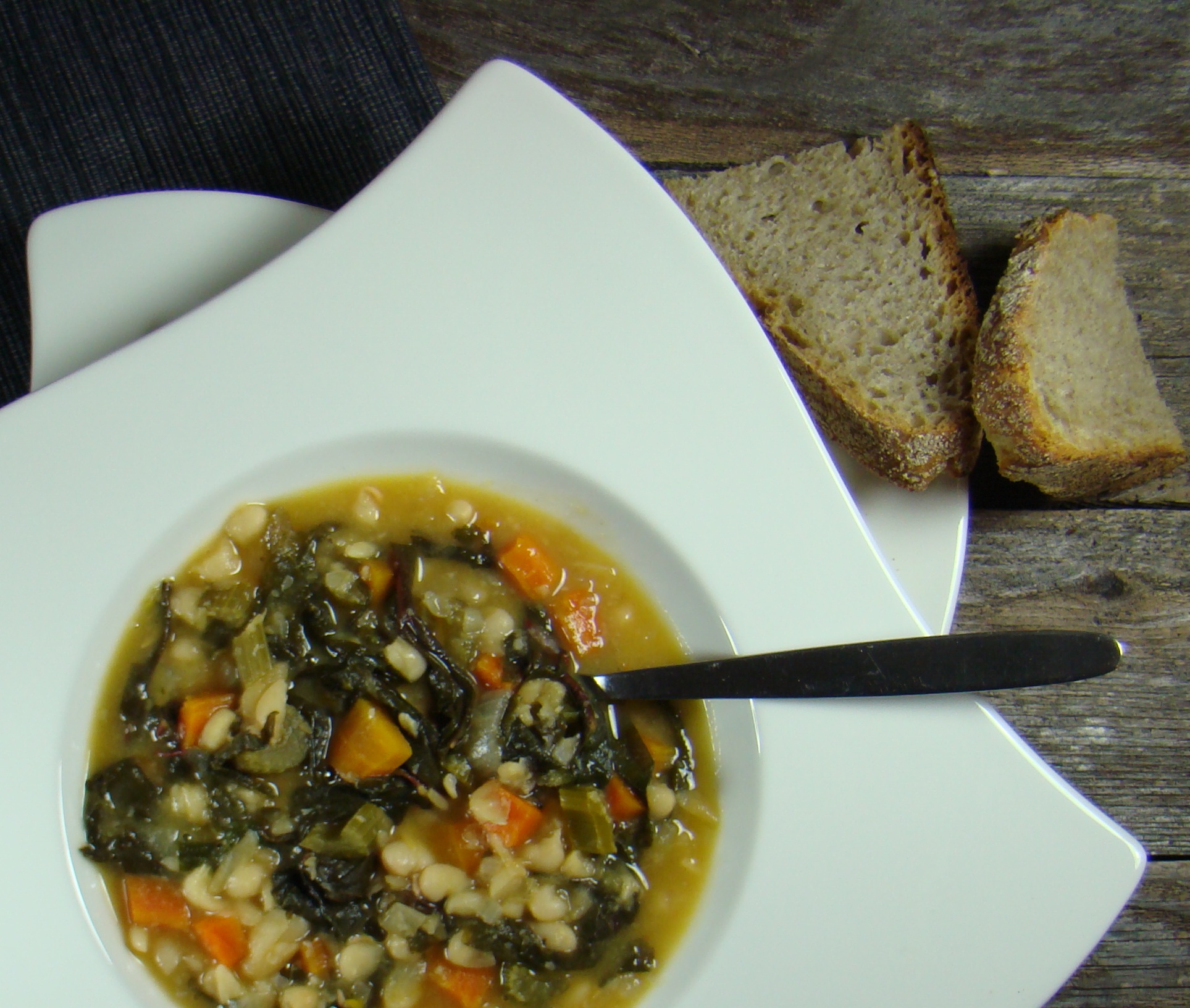 White Bean Soup with Chard, Kale and Radish Greens