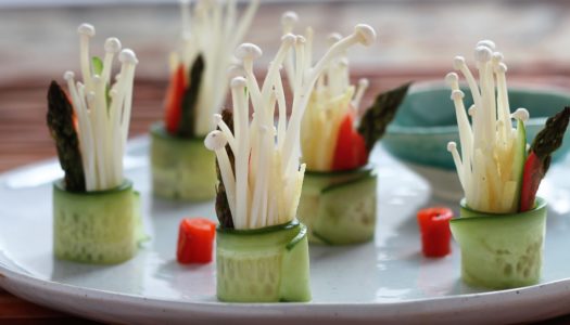 Cucumber Roll with Ginger, Tomato,  Asparagus and Enoki Mushroom